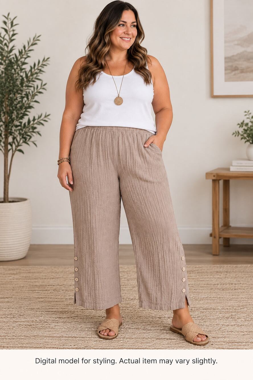 Soft Surroundings Pant Mushroom Oceo Crinkle Gauze Wide Leg Boho Artsy Lagenlook
